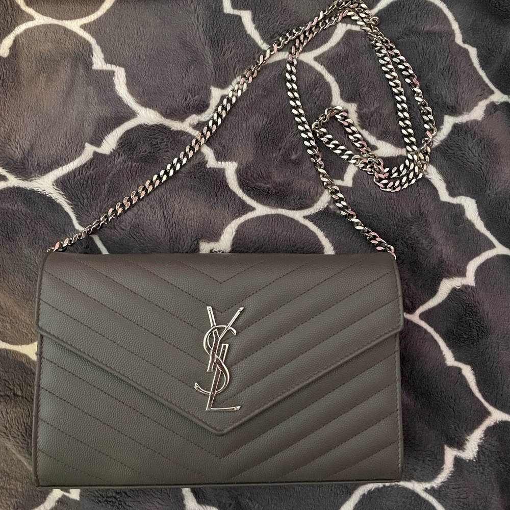 grey YSL crossbody wallet chain bag